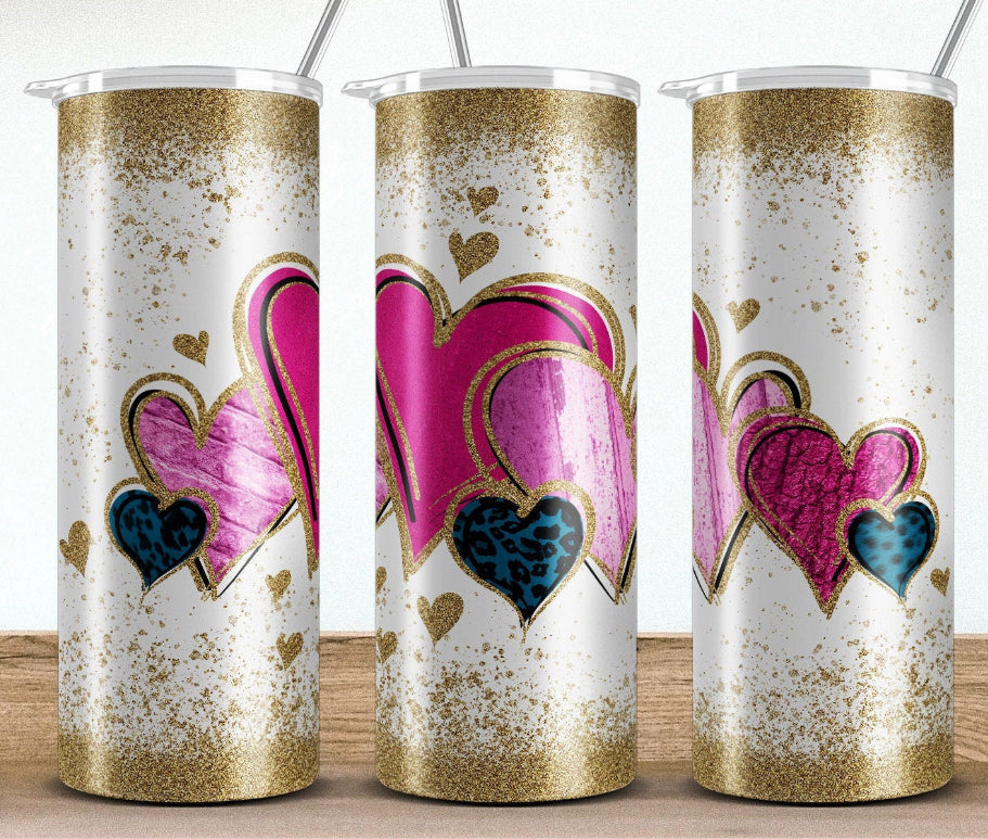 Valentine's Day Gold Glitter Ombre Hearts Drink Tumbler