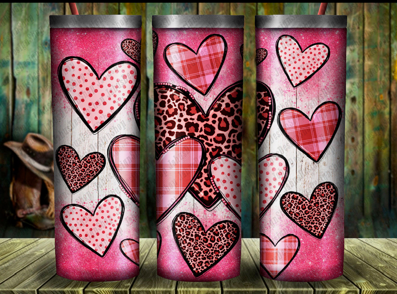 Valentine's Day Pink Plaid Leopard Hearts Drink Tumbler