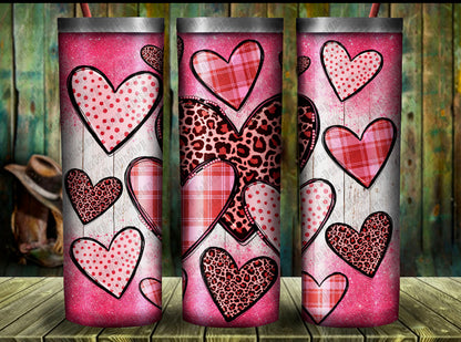 Valentine's Day Pink Plaid Leopard Hearts Drink Tumbler